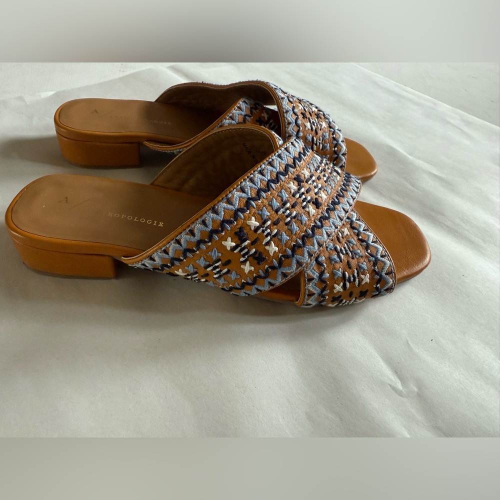 Anthropologie Embroidered Tan and Blue Women's Sandals - Picture 2 of 5
